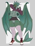 anthro areola biped bottomwear breasts chorsinnell39 clothed clothing dragon female footwear genitals hi_res looking_at_viewer mythological_creature mythological_scalie mythology nipples no_underwear open_mouth pupils pussy scalie shoes smile solo thick_thighs topwear