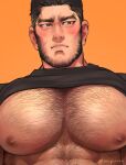  1boy bara bare_pectorals black_hair black_shirt blush chest_hair closed_mouth clothes_lift facial_hair golden_kamuy large_pectorals long_sideburns male_focus muscular muscular_male nipples nopinzo pectorals scar scar_on_cheek scar_on_face shirt shirt_lift short_hair sideburns solo tanigaki_genjirou twitter_username 