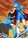  1girl black_cape blue_bodysuit blue_footwear blue_gloves blue_hair bodysuit boots breasts cape clair_(pokemon) cloud commentary_request dragonair gloves grin hair_between_eyes highres kingdra long_hair looking_down outdoors pokemon pokemon_(creature) pokemon_hgss ponytail sherufu_(natashelves) silhouette sky smile standing teeth twilight water 