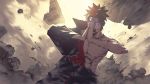  1boy absurdres akatsuki_(naruto) akatsuki_uniform artpaji blood blood_on_face debris ear_piercing glowing glowing_eyes highres muscle naruto_(series) naruto_shippuuden open_mouth orange_hair outdoors pain_(naruto) piercing purple_eyes rinnegan smoke solo spiked_hair teeth 