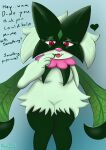absurd_res anthro blush breasts digital_media_(artwork) embarrassed english_text felid feline female fur generation_9_pokemon green_body green_fur hair hi_res legs_together looking_down mammal meowscarada nintendo open_mouth pokemon pokemon_(species) ramplunk simple_background smile solo talking_to_viewer text
