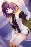  1girl closed_mouth gina_(gnosia) gloves gnosia hair_between_eyes heterochromia hood hoodie long_sleeves looking_at_viewer medium_hair purple_hair rocomani simple_background sitting smile solo wavy_hair white_gloves 