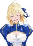  1girl :d ahoge artoria_pendragon_(fate) blonde_hair blue_bow bow braid breasts cleavage cleavage_cutout closed_eyes clothing_cutout fate/grand_order fate_(series) head_tilt highres ki_wa001 puffy_sleeves simple_background smile solo white_background wind 