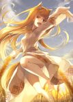  1girl absurdres animal_ears barefoot blonde_hair commentary_request dress fang foreshortening highres holo jumping long_hair long_sleeves looking_at_viewer mukunokino_isshiki open_mouth outdoors red_eyes sky solo spice_and_wolf tail thighs wheat_field white_dress wolf_ears wolf_girl wolf_tail 