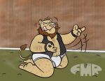 anthro arm_hair bald barefoot bear belly_hair black_clothing black_topwear black_vest body_hair briefs brown_hair brown_wood chest_hair clothing cuff_(restraint) eyes_closed feet felid foxmanad fur hair hair_strand hi_res kneeling leather leg_hair licking licking_lips lion male mammal monotone_briefs monotone_clothing monotone_underwear motion_lines navel pantherine pantsless_male restraints sharp_teeth signature sitting smile solo tan_body tan_fur teeth teeth_showing tighty_whities tongue tongue_out topwear underwear vest white_briefs white_clothing white_underwear wrist_cuffs