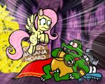 anthro banana captainquack64 cave crossover cutie_mark donkey_kong_(series) equid equine eye_contact fluttershy_(mlp) food friendship_is_magic fruit group hair hasbro hi_res king_k._rool kremling looking_at_another male mammal my_little_pony mythological_creature mythological_equine mythology nintendo pegasus pink_hair plant scalie wings