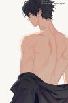 1boy black_hair black_shirt closed_mouth expressionless from_behind grey_eyes kakuchou looking_ahead male_focus scar scar_across_eye shadow shirt short_hair simple_background solo tokyo_revengers topless_male undressing upper_body yoursunfy 