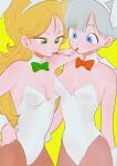  2girls absurdres blonde_hair blue_eyes bow breasts bulma cigarette_kiss dragon_ball dragon_ball_(classic) green_bow green_eyes highres lunch_(dragon_ball) mnchki multiple_girls playboy_bunny red_bow short_hair simple_background yellow_background 