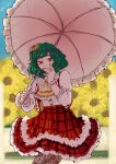  1girl absurdres artist_name ascot cowboy_shot day dress english_commentary fence field fingernails flower flower_field frilled_ascot frilled_cuffs frilled_dress frilled_shirt frilled_shirt_collar frills green_hair hair_flower hair_ornament hand_to_own_mouth highres holding holding_umbrella kazami_yuuka looking_at_viewer mercuriika nose outdoors pantyhose parasol plaid plaid_skirt plaid_vest red_eyes red_skirt red_vest shirt short_hair skirt smile solo sunflower sunflower_field touhou umbrella vest white_shirt wooden_fence wrist_cuffs yellow_ascot 