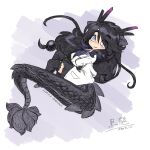  1girl animal_ears black_dragon_(kemono_friends) black_hair coat dragon_girl dragon_horns dragon_tail extra_ears fingerless_gloves full_body gloves grey_background grey_eyes highres horns kemono_friends long_hair looking_at_viewer shirabaki shirt simple_background skirt solo tail thighhighs white_coat 