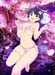  1girl armpit_crease bare_shoulders barefoot bikini blue_eyes blue_hair blunt_bangs blush body_blush bowl_cut bracelet breasts cherry_blossoms cleavage falling_petals fingernails floral_print_bikini flower flower_bracelet flower_thigh_strap frilled_bikini frills full_moon groin hair_flower hair_ornament jewelry large_breasts linea_alba looking_at_viewer moon moonlight nail_polish navel night night_sky official_alternate_costume official_art open_mouth outdoors petals pink_bikini pink_flower pink_nails plant senran_kagura senran_kagura_new_link senran_kagura_shinovi_versus shiny_skin short_hair skindentation sky smile solo standing standing_on_one_leg star_(sky) starry_sky string_of_light_bulbs swimsuit thigh_strap toenail_polish toenails tree underboob yaegashi_nan yozakura_(senran_kagura) 