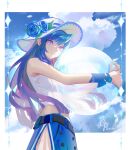  1girl ball bare_shoulders beachball belt black_belt blue_flower blue_hair blue_hat blue_rose blue_skirt border character_request chinese_commentary commentary_request copyright_request cowboy_shot crop_top cropped_shirt flower gradient_hair hat hat_flower heart heart_in_eye highres holding long_hair looking_at_viewer multicolored_hair outside_border parted_lips pink_eyes pink_hair purple_eyes purple_hair rose shirt signature skirt sleeveless sleeveless_shirt smile solo standing symbol_in_eye white_border white_hat white_shirt yinhepongpong 