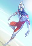  1boy alien blue_sky bodysuit character_request color_timer copyright_request dorsal_fin flying full_body glowing glowing_eyes highres kuroda_asaki open_hands sky solo tokusatsu ultra_series ultraman_arc_(character) ultraman_arc_(series) yellow_eyes 