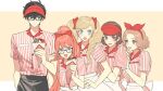  1boy 4girls amamiya_ren apron blonde_hair blue_eyes bow brown_eyes brown_hair closed_mouth crepe employee_uniform food glasses hair_between_eyes hair_bow hairband hat multiple_girls niijima_makoto okumura_haru open_mouth persona persona_5 pink_hair red_bow red_hat sakura_futaba shirt short_hair short_sleeves striped_clothes striped_shirt sweat takamaki_anne talliuma twintails uniform vertical-striped_clothes vertical-striped_shirt visor_cap waist_apron 