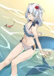  1girl bare_arms bare_legs bare_shoulders beach bikini blue_eyes blue_hair blunt_bangs breasts commentary day ebi-chan_(gawr_gura) feet_out_of_frame fins fish_tail flower frilled_bikini frills gawr_gura hair_flower hair_ornament highres hololive hololive_english long_hair looking_at_viewer midriff multicolored_hair navel outdoors shark_tail shrimp sitting small_breasts smile solo streaked_hair striped_bikini striped_clothes swimsuit tail tanabe_(fueisei) two-tone_hair two_side_up virtual_youtuber water white_hair 