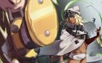  1girl absurdres bandaged_arm bandages blonde_hair clover dark-skinned_female dark_skin floating floating_object floating_sword floating_weapon four-leaf_clover guilty_gear guilty_gear_strive hair_between_eyes highres long_hair looking_at_viewer lucifero_(guilty_gear) navel orange_eyes osashimi_0343x ramlethal_valentine red_bandage short_shorts shorts sword weapon white_hat white_shorts 