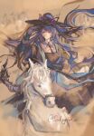  1girl animal arknights arm_up arm_wrap artist_name black_hat blue_hair chinese_commentary closed_mouth commentary_request expressionless floating_hair hat highres holding holding_sheath horns horns_through_headwear horse horseback_riding jingasa ling_(arknights) long_hair looking_ahead purple_eyes purple_horns riding sakeyed scabbard sheath signature solo very_long_hair white_horse wind 