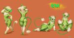 anthro anus balls butt chest_tuft flaccid front_view fur genitals girly green_balls green_body green_eyes green_fur green_nose green_tail hair hi_res humanoid_genitalia humanoid_penis male model_sheet narrowed_eyes navel nude orange_background oselotti penis rear_view short_hair signature simple_background solo spread_legs spreading standing tail tail_tuft teeth tuft white_body white_fur white_hair