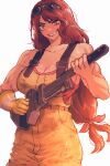  1girl abella_(fear_&amp;_hunger) absurdres adjustable_wrench bare_shoulders breasts fear_&amp;_hunger fear_&amp;_hunger_2:_termina gloves highres holding large_breasts long_hair low-tied_long_hair muscular muscular_female overalls pipe_wrench pixel_art spoiledmuffin wrench yellow_overalls 