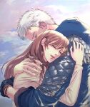  1boy 1girl blush brown_hair closed_eyes comforting couple devil_may_cry_(series) devil_may_cry_5 gloves hetero holding hood hug husband_and_wife kyrie long_hair long_sleeves nero_(devil_may_cry) smile white_hair 