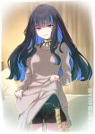  1girl absurdres bed bedroom black_hair black_shorts blue_hair breasts colored_inner_hair dress fate/grand_order fate_(series) grey_eyes grin highres jewelry kojima_takeshi long_hair long_sleeves looking_at_viewer multicolored_hair neck_ring ribbed_sweater shorts sidelocks small_breasts smile solo speech_bubble sweater sweater_dress tenochtitlan_(fate) tenochtitlan_(second_ascension)_(fate) textless_version thighs wavy_hair white_sweater 
