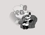  anthro black_body black_fur clothed clothing fur giant_panda hijackerdraws_(artist) holding_object holding_weapon male mammal multicolored_body multicolored_fur sad simple_background sitting solo two_tone_body two_tone_fur ursid weapon white_body white_fur 