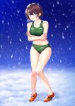  1girl black_hair blue_eyes breath buruma commentary_request commission crossed_arms full_body green_buruma green_sports_bra highres knees_together_feet_apart kuri_(kurigohan) midriff navel orange_footwear original pixiv_commission short_hair snow solo sports_bikini sports_bra standing trembling 