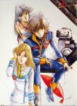  1980s_(style) 1boy 2girls black_hair brown_hair canopy_(aircraft) ejection_seat ichijou_hikaru jolly_roger jumpsuit lynn_minmay macross macross:_do_you_remember_love? mikimoto_haruhiko military military_uniform misa_hayase multiple_girls pilot pilot_chair production_art retro_artstyle roundel scan science_fiction sitting traditional_media uniform variable_fighter 