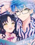  1boy 1girl aqua_eyes bangs black_hair blue_hair blush book closed_mouth collared_shirt commentary_request eyebrows_visible_through_hair eyelashes facial_mark fate/grand_order fate_(series) forehead_mark glasses hans_christian_andersen_(fate) highres holding holding_book long_hair open_mouth parted_bangs sesshouin_kiara shirt tongue xacco yellow_eyes 