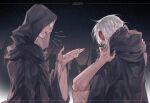  2boys :d amaurot androgynous emet-selch final_fantasy final_fantasy_xiv from_side hood hood_down hythlodaeus mask multiple_boys profile smile sophist&#039;s_robe_(ff14) tladpwl03 white_hair 