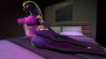  16:9 3d_(artwork) anthro bed big_breasts black_body black_scales breasts digital_media_(artwork) endjinn_(artist) female furniture green_eyes hi_res humanoid lying nipples non-mammal_breasts on_bed qhala reptile scales scalie snake snake_hood solo source_filmmaker widescreen 