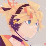  1boy absurdres black_collar blonde_hair blue_eyes collar commentary dated from_side grey_background hair_ornament hairclip headphones headset highres huge_filesize kagamine_len light_smile magical_mirai_(vocaloid) male_focus nagisawa2020 portrait short_ponytail spiked_hair symbol_commentary vocaloid 