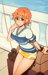  1girl arm_support blush breasts brown_eyes closed_mouth collarbone highres large_breasts looking_at_viewer nami_(one_piece) one_piece orange_hair oxcoxa short_hair short_sleeves sitting smile solo treasure_chest 