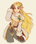  1girl belt blush braid brown_belt brown_gloves brown_pants cropped_legs crown_braid fur_collar gloves hand_on_own_leg hand_up highres jacket leaning_forward long_hair long_sleeves oxcoxa pants parted_bangs princess_zelda simple_background smile solo the_legend_of_zelda the_legend_of_zelda:_breath_of_the_wild white_jacket winter_clothes 