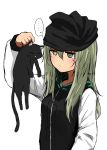  +_- ... 1girl absurdres animal bangs beanie black_cat cat green_eyes green_hair hair_between_eyes hat heterochromia highres holding holding_animal hood hood_down hoodie kamatama kuso_zako_choroin_nishiga_hachi long_hair looking_at_animal saiba_mirai simple_background speech_bubble spoken_ellipsis standing white_background yellow_eyes 