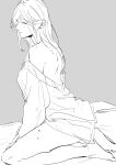  1girl absurdres bare_legs bare_shoulders barefoot blue_eyes blush commentary_request full_body hickey highres long_hair looking_at_viewer monochrome off_shoulder original parted_lips sara_turner shirt shisa_co sketch solo spot_color 