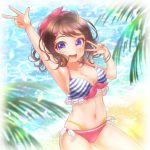  1girl :d alternate_hairstyle arm_up armpits bang_dream! bangs bare_shoulders beach bikini blue_bikini blush bracelet breasts brown_hair cleavage collarbone commentary_request cowboy_shot double_v eyebrows_visible_through_hair groin hair_ornament hair_ribbon jewelry light_particles looking_at_viewer medium_breasts midriff mismatched_bikini multi-strapped_bikini navel ocean open_mouth palm_leaf pink_bikini pink_ribbon purple_eyes red_nails ribbon sand shirogane_tsubasa short_hair sidelocks signature skindentation smile solo standing star_(symbol) star_hair_ornament striped striped_bikini swimsuit toyama_kasumi v 