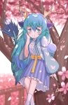 1girl blue_dragon_(kemono_friends) blue_eyes blue_hair blush breasts cherry_blossoms dragon_ears dragon_girl dragon_horns dragon_tail dress extra_ears hair_between_eyes highres horns kemono_friends kemono_friends_3 large_breasts long_hair looking_at_viewer multicolored_horns onefiresticks pink_horns socks solo tail yellow_horns 