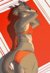 anthro beastars big_butt breasts butt canid canine canis clothing eyelashes female fur grey_background grey_body grey_fur hi_res juno_(beastars) mammal orange_clothing orange_swimwear pattern_background purple_eyes pyrocon73 rear_view red_background simple_background small_breasts solo swimwear tan_body tan_fur thick_thighs two-piece_swimsuit wide_hips wolf