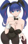  1girl :o absurdres animal_ears bare_shoulders black_bow black_bowtie black_hairband black_leotard black_pantyhose blue_eyes blush bottle bow bowtie breasts cleavage collar collarbone covered_navel detached_collar english_commentary hairband hand_on_own_chest highres holding holding_bottle huge_breasts leotard long_hair looking_at_viewer multicolored_hair panty_&amp;_stocking_with_garterbelt pantyhose pink_hair playboy_bunny purple_hair rabbit_ears simple_background solo stocking_(psg) strapless strapless_leotard streaked_hair t-lex teeth thighs twintails upper_teeth_only white_background white_collar white_wrist_cuffs wrist_cuffs 