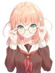  1girl adjusting_eyewear aqua_eyes bespectacled brown_dress closed_mouth commentary_request crossed_bangs dress glasses hair_ornament hasu_no_sora_school_uniform highres hinoshita_kaho light_blush link!_like!_love_live! long_sleeves love_live! medium_hair neckerchief orange_hair rabbit_hair_ornament red_neckerchief round_eyewear sailor_collar sailor_dress school_uniform simple_background smile solo split_mouth upper_body virtual_youtuber white_background white_sailor_collar winter_uniform yellow-framed_eyewear yutuki_ame 