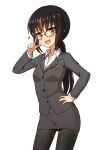  1girl :d bangs bespectacled black_hair black_jacket black_legwear black_skirt blush breasts brown_eyes brown_hair collared_shirt dress_shirt eyebrows_visible_through_hair fang formal glasses hair_between_eyes hand_on_hip jacket long_hair long_sleeves looking_at_viewer low_ponytail multicolored_hair open_mouth original pantyhose pencil_skirt ponytail red-framed_eyewear s1145 shirt simple_background skirt skirt_suit small_breasts smile solo sparkle streaked_hair suit very_long_hair white_background white_shirt 