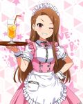  1girl apron asymmetrical_bangs bow bowtie breasts brown_hair butterfly_ornament dot_nose dress drinking_straw forehead frilled_apron frilled_skirt frills hair_over_breasts hand_on_own_hip holding holding_tray ice idolmaster idolmaster_(classic) idolmaster_million_live! idolmaster_million_live!_theater_days juice long_hair looking_at_viewer maid_headdress minase_iori official_alternate_costume official_art one_eye_closed orange_juice pink_bow pink_bowtie pink_dress pretty_waitress_(idolmaster) puffy_short_sleeves puffy_sleeves red_eyes serving shirt short_sleeves sidelocks skirt small_breasts smile solo standing starry_background straight_hair teeth thighhighs tray upper_body v-shaped_eyebrows waist_apron white_apron white_shirt white_thighhighs wrist_cuffs 