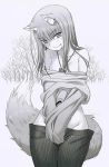  1girl animal_ear_fluff animal_ears bangs blush breasts cleavage closed_mouth collarbone eyebrows_visible_through_hair fang fang_out greyscale groin hair_between_eyes highres holo koume_keito long_hair looking_at_viewer lowleg lowleg_pants monochrome official_art outdoors pants pouch shiny shiny_hair small_breasts smile solo spice_and_wolf straight_hair tail undressing wolf_ears wolf_girl wolf_tail 