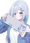  1girl :t blue_eyes blue_hair blue_jacket blush camisole cheek_press closed_mouth dot_nose drawstring gradient_hair grey_hair hair_ornament hairclip highres holding_keyboard_(computer) hood hood_down hooded_jacket jacket kaga_sumire keyboard_(computer) lupinus_virtual_games medium_hair multicolored_hair off_shoulder open_clothes open_jacket parted_bangs sidelocks simple_background solo striped_clothes striped_jacket syurimp upper_body virtual_youtuber vspo! white_background white_camisole x_hair_ornament zzz 
