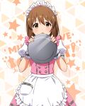 1girl apron blush bow bowtie brown_hair butterfly_ornament dot_nose dress frilled_apron frilled_skirt frills hagiwara_yukiho hair_between_eyes hiding holding holding_plate idolmaster idolmaster_(classic) idolmaster_million_live! idolmaster_million_live!_theater_days looking_at_viewer maid_headdress official_alternate_costume official_art open_mouth pink_bow pink_bowtie pink_dress plate pretty_waitress_(idolmaster) puffy_short_sleeves puffy_sleeves shirt short_hair short_sleeves sidelocks skirt solo starry_background straight_hair teeth thighhighs upper_body waist_apron white_apron white_shirt white_thighhighs wrist_cuffs 