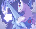  claws closed_mouth commentary_request ichino_cco latios looking_back no_humans pink_eyes pokemon pokemon_(creature) smile solo star_(symbol) twitter_username watermark 
