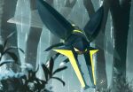  blurry blurry_foreground bug ewokakukaede flying forest highres horns insect_wings midair nature no_humans outdoors pokemon pokemon_(creature) solo vikavolt wings yellow_eyes 