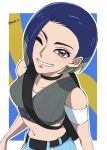  1girl bare_shoulders black_choker blue_hair bob_cut breasts brown_eyes choker collarbone crop_top denim gradient_hair grey_shirt grin highres jeans loose_hair_strand medium_breasts midriff multicolored_hair one_eye_closed pants perrin_(pokemon) pokemon pokemon_sv ribbed_shirt shirt sleeveless sleeveless_shirt smile undershirt upper_body ushiwaka_itsuki v-neck 