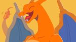  charizard closed_eyes collarbone dragon fangs flame-tipped_tail happy highres mo~zu no_humans open_mouth pokemon pokemon_(creature) simple_background solo tongue yellow_background 